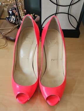 Christian Louboutin Neon Pink Peep-Toe Patent Leather Pumps